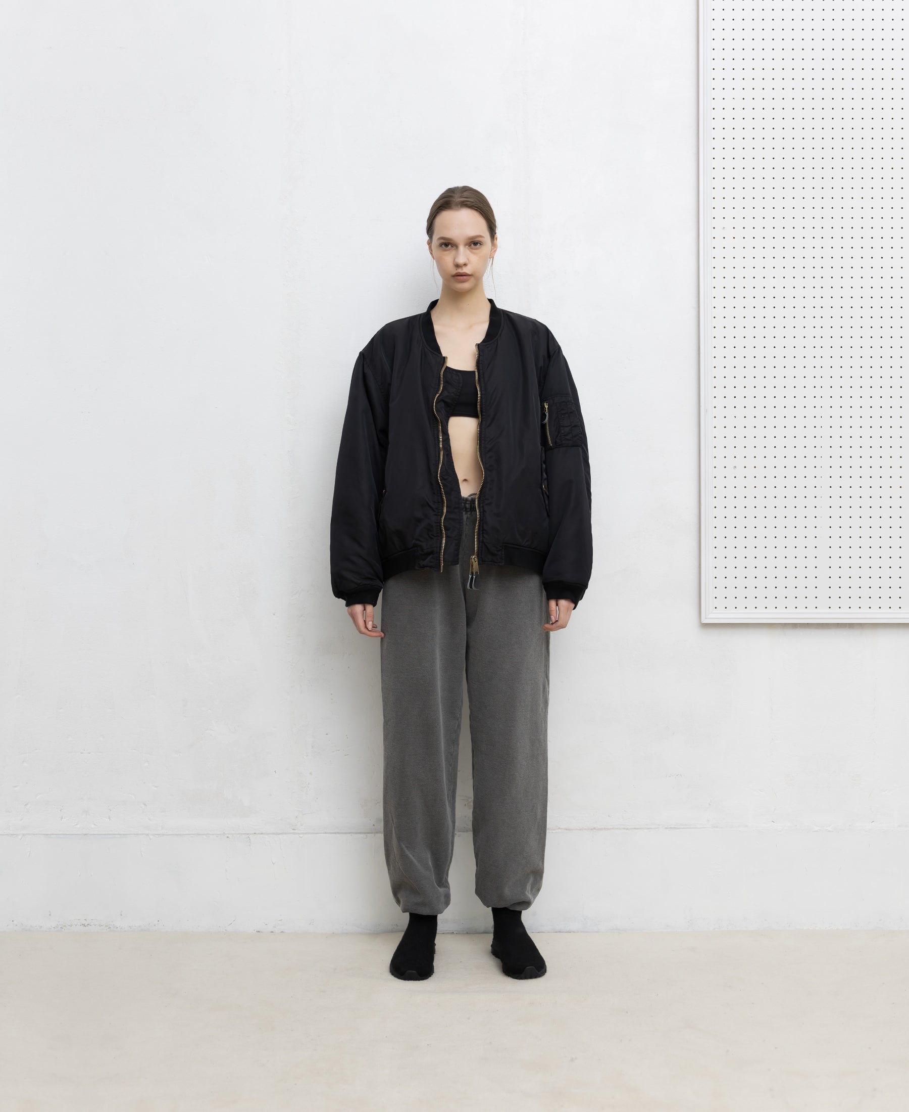 ANTIQUE WASH DOUBLE FACE NYON BOMBER JACKET - BLACK