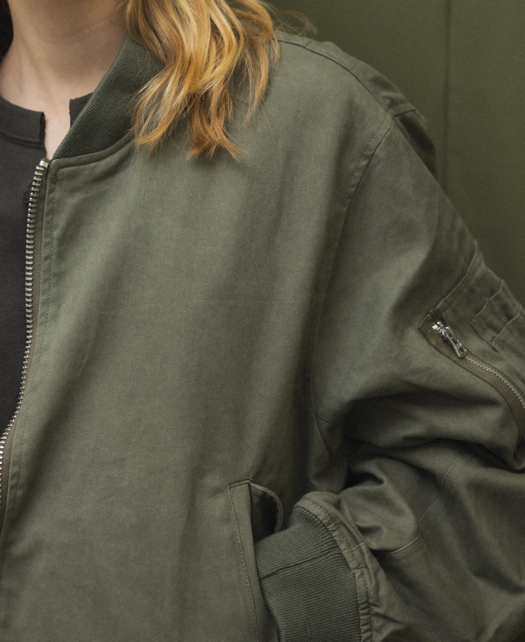 Vintage wash DOUBLE FACE COTTON NON PADDED BOMBER JACKET - OLIVE DRAB 1