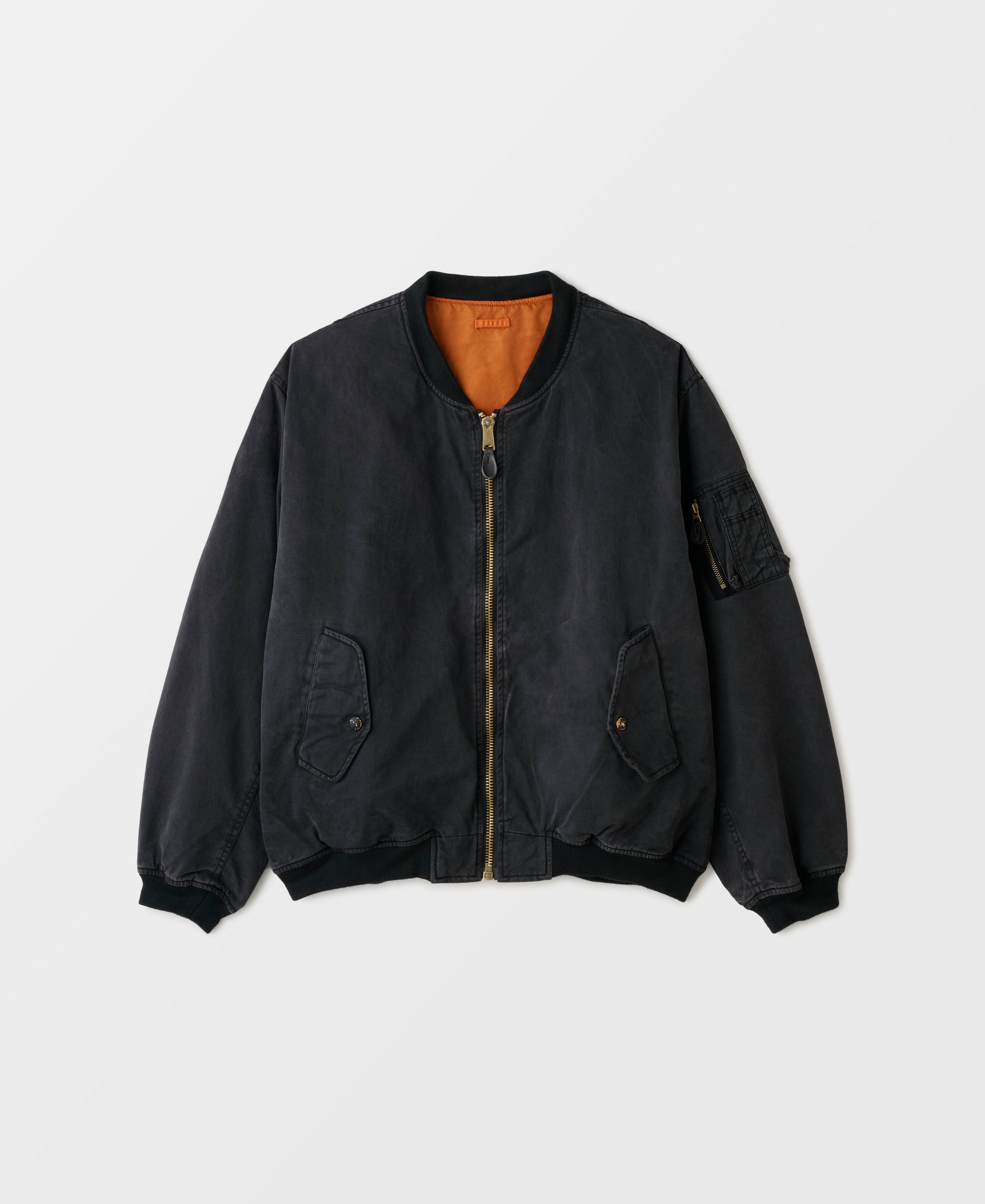 SUN FADED WASH DOUBLE FACE COTTON NON PADDED BOMBER JACKET - BLACK 2