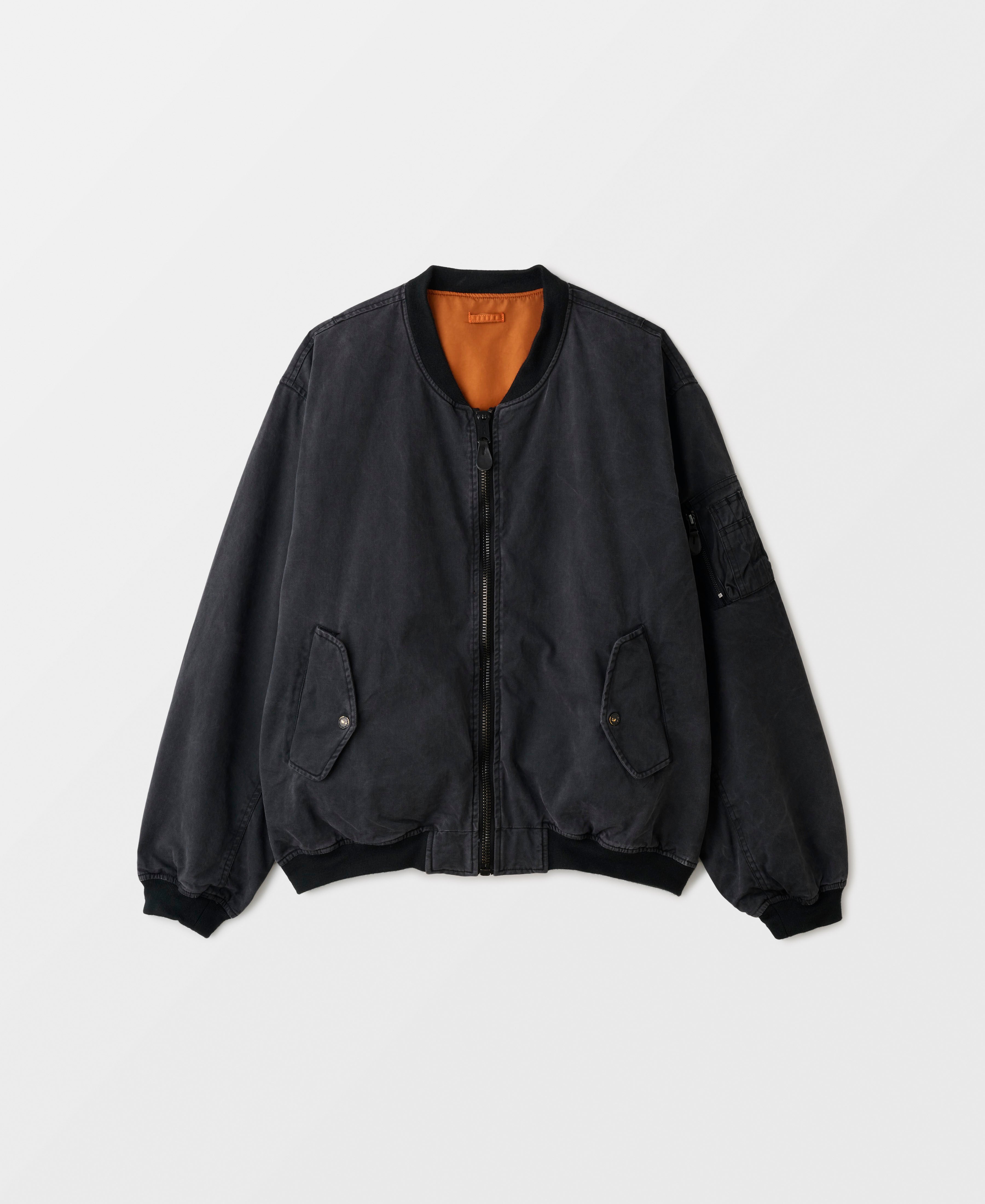 SUN FADED WASH DOUBLE FACE COTTON NON PADDED BOMBER JACKET - BLACK 1