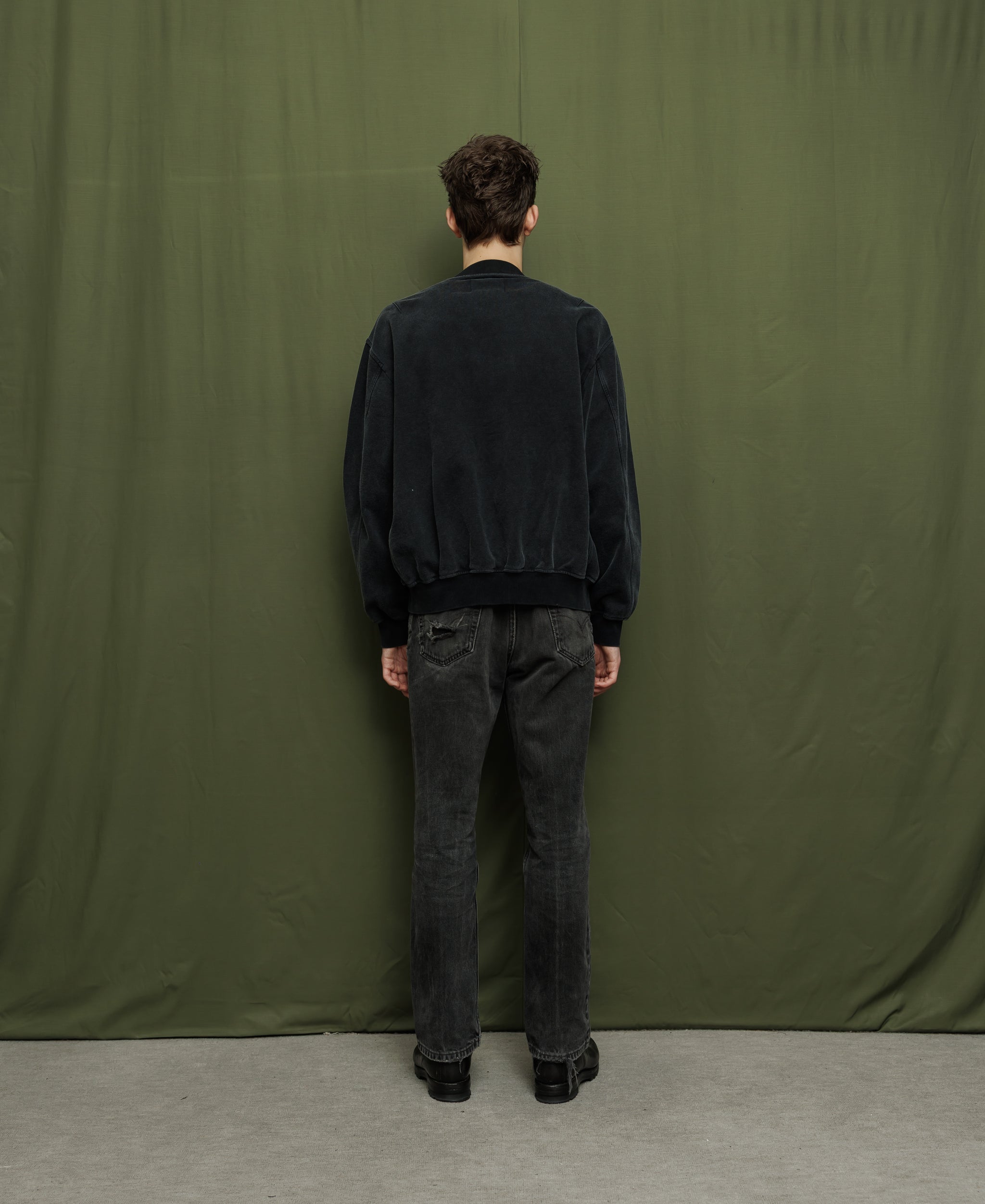 SUN FADED WASH SWEAT BOMBER JACKET - BLACK