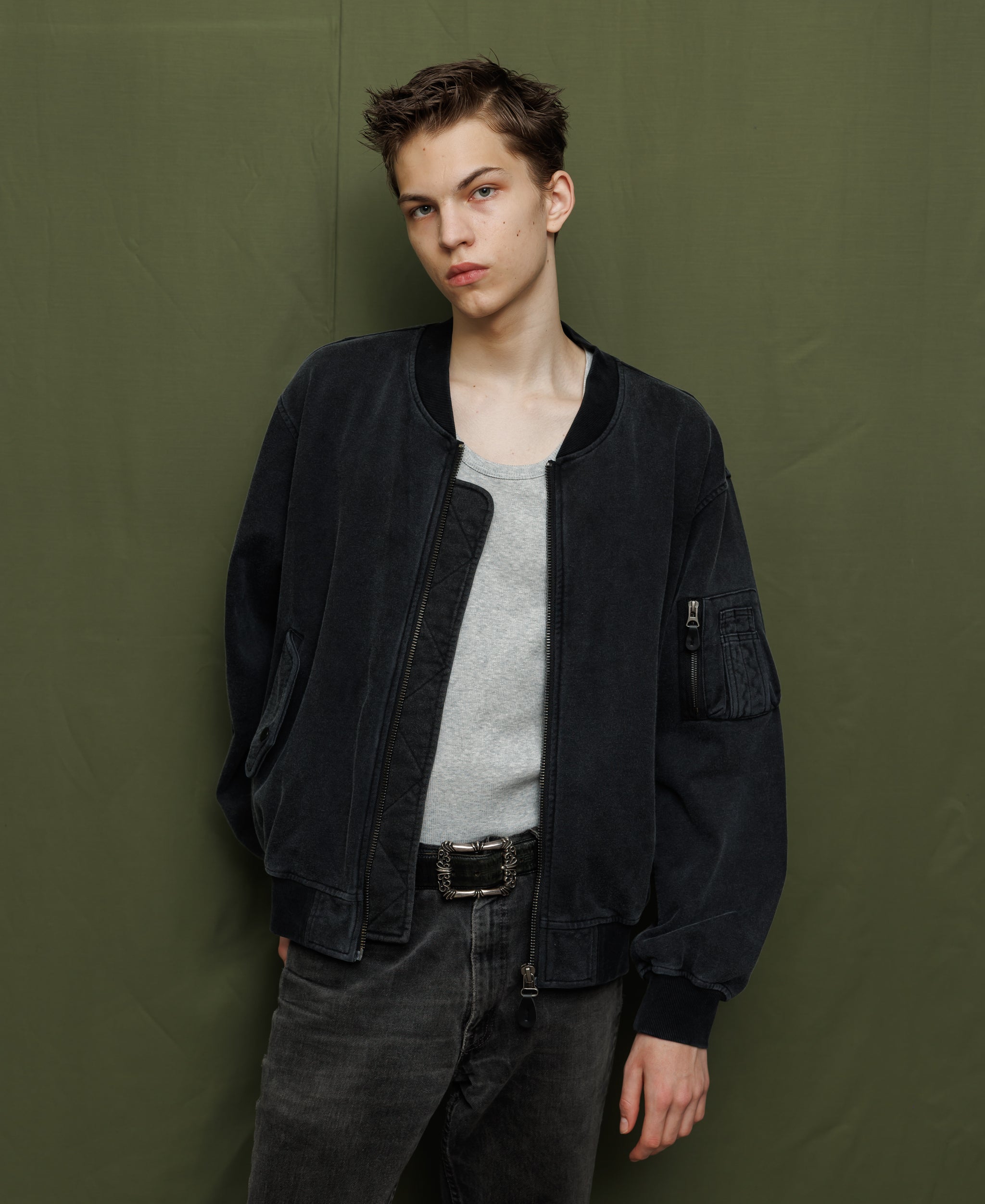 SUN FADED WASH SWEAT BOMBER JACKET - BLACK