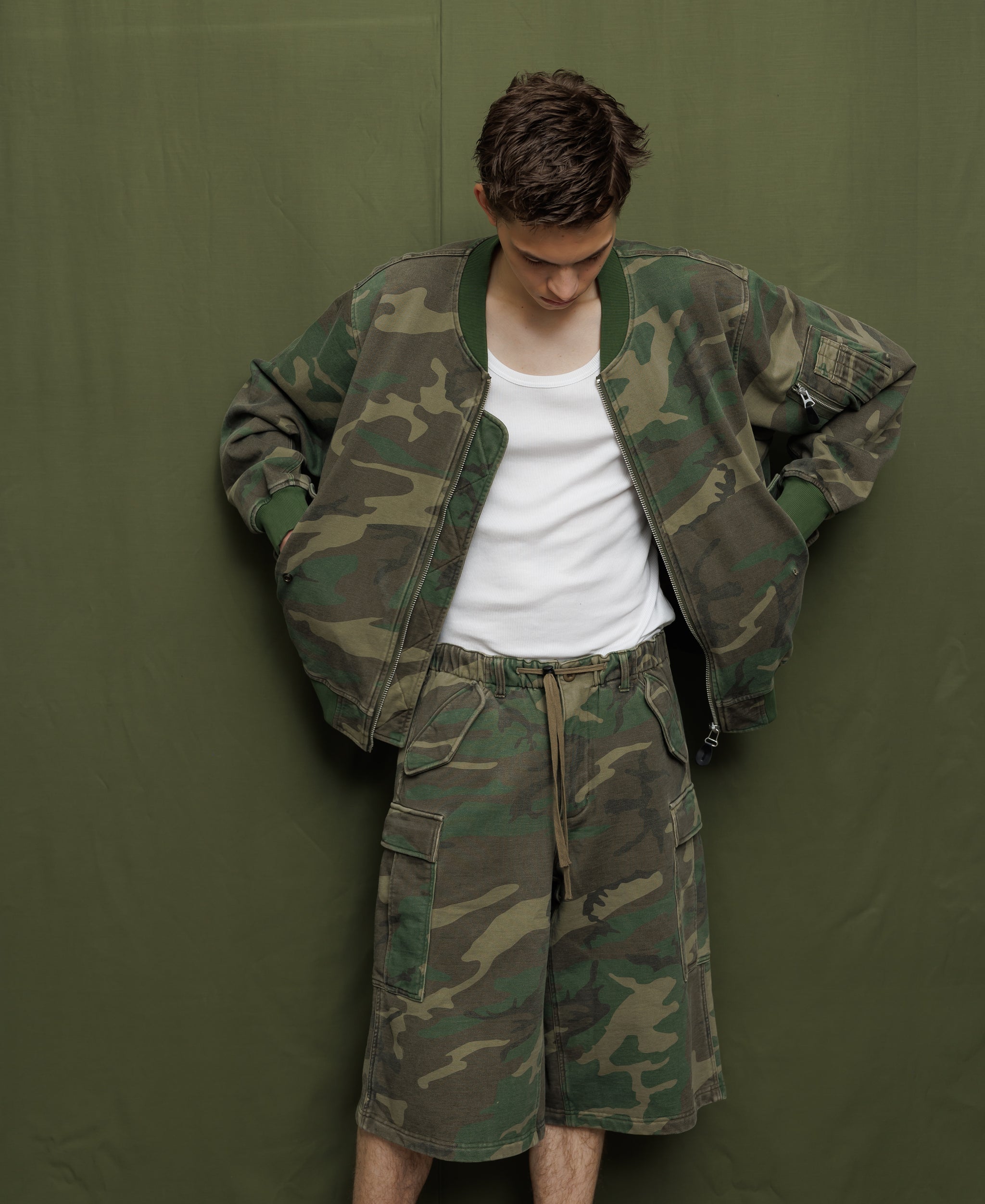 SUN FADED WASH SWEAT BOMBER JACKET - WOODLAND CAMO