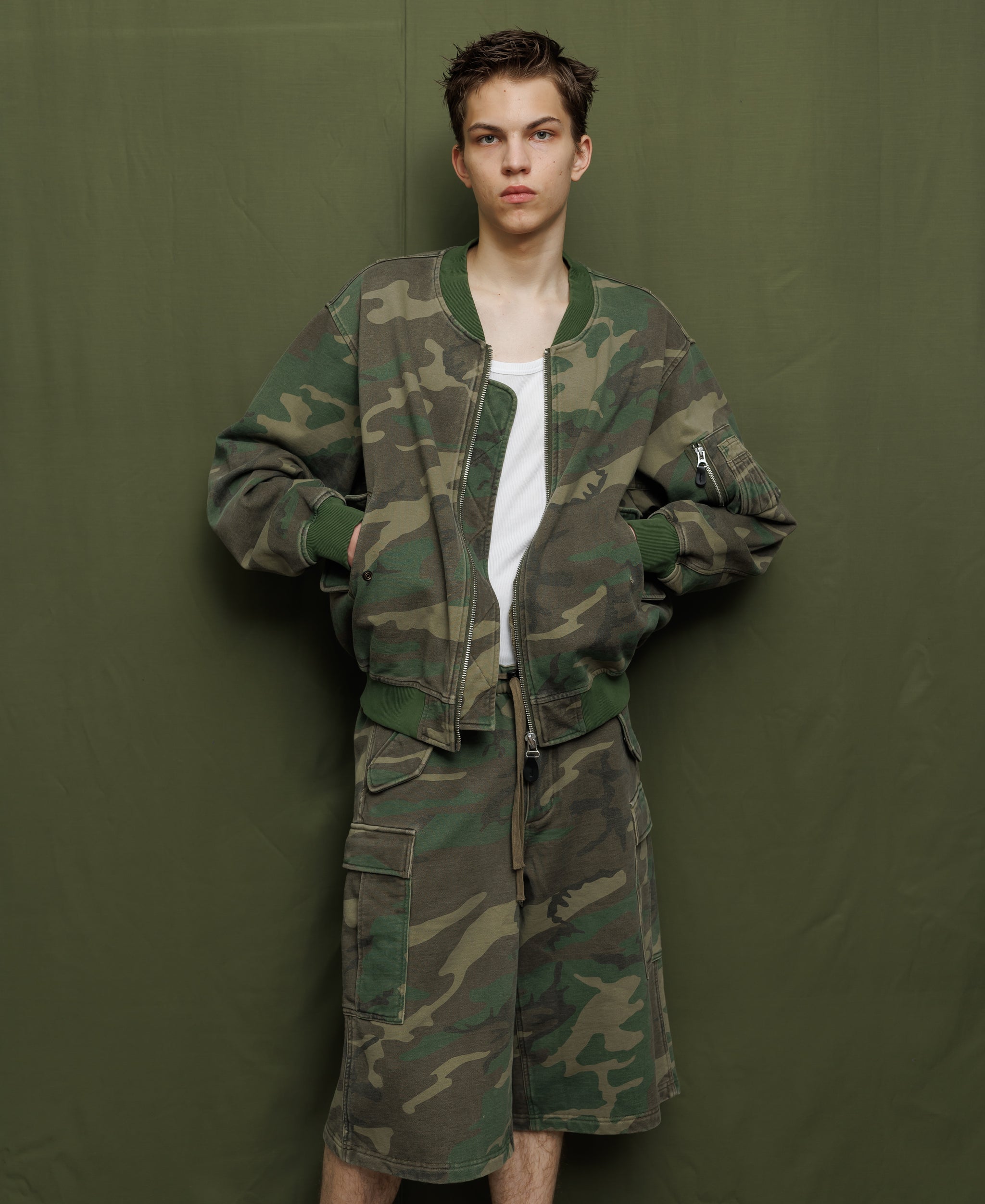SUN FADED WASH SWEAT BOMBER JACKET - WOODLAND CAMO