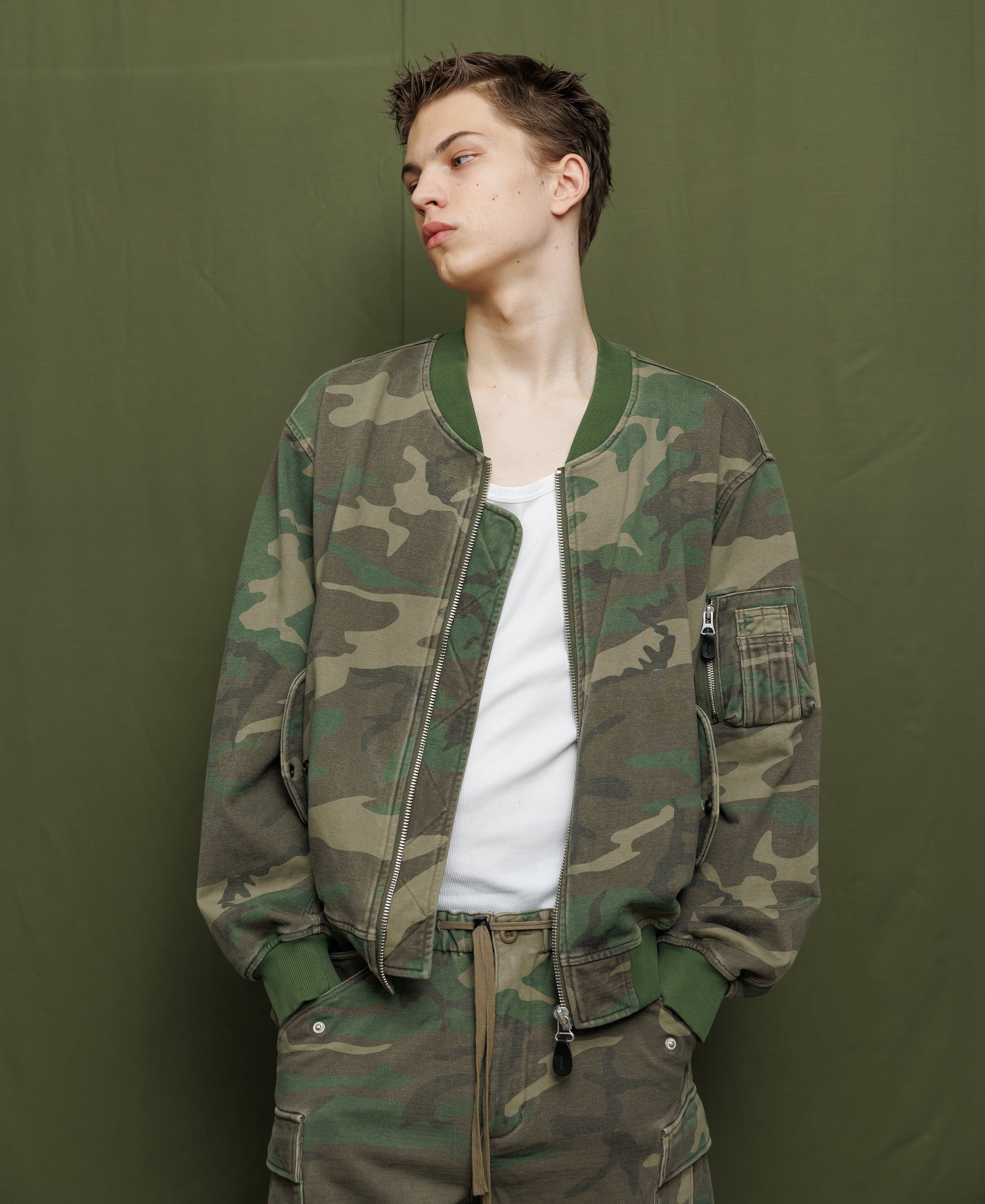 SUN FADED WASH SWEAT BOMBER JACKET - WOODLAND CAMO