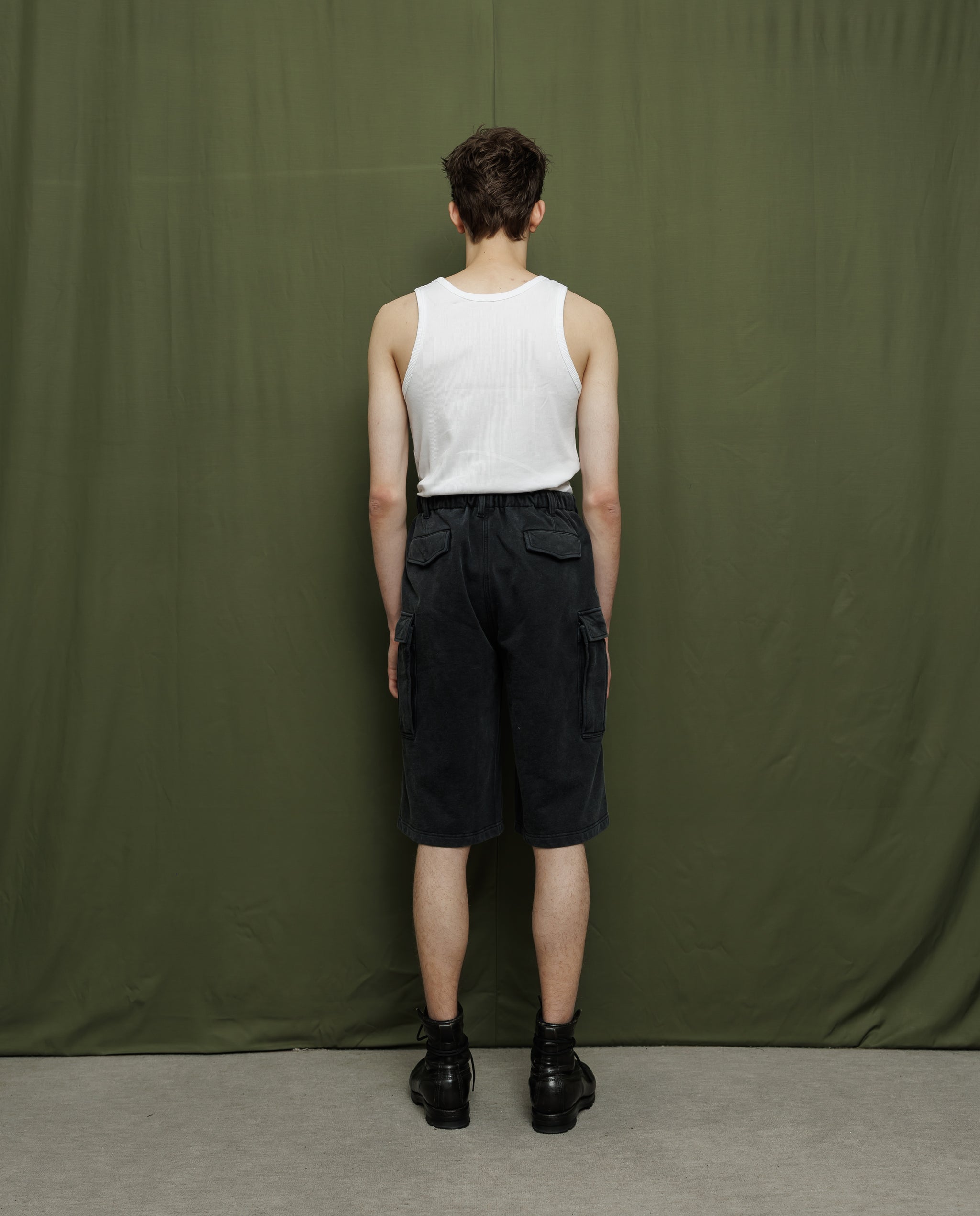 SUN FADED WASH SWEAT CARGO SHORT PANTS - BLACK