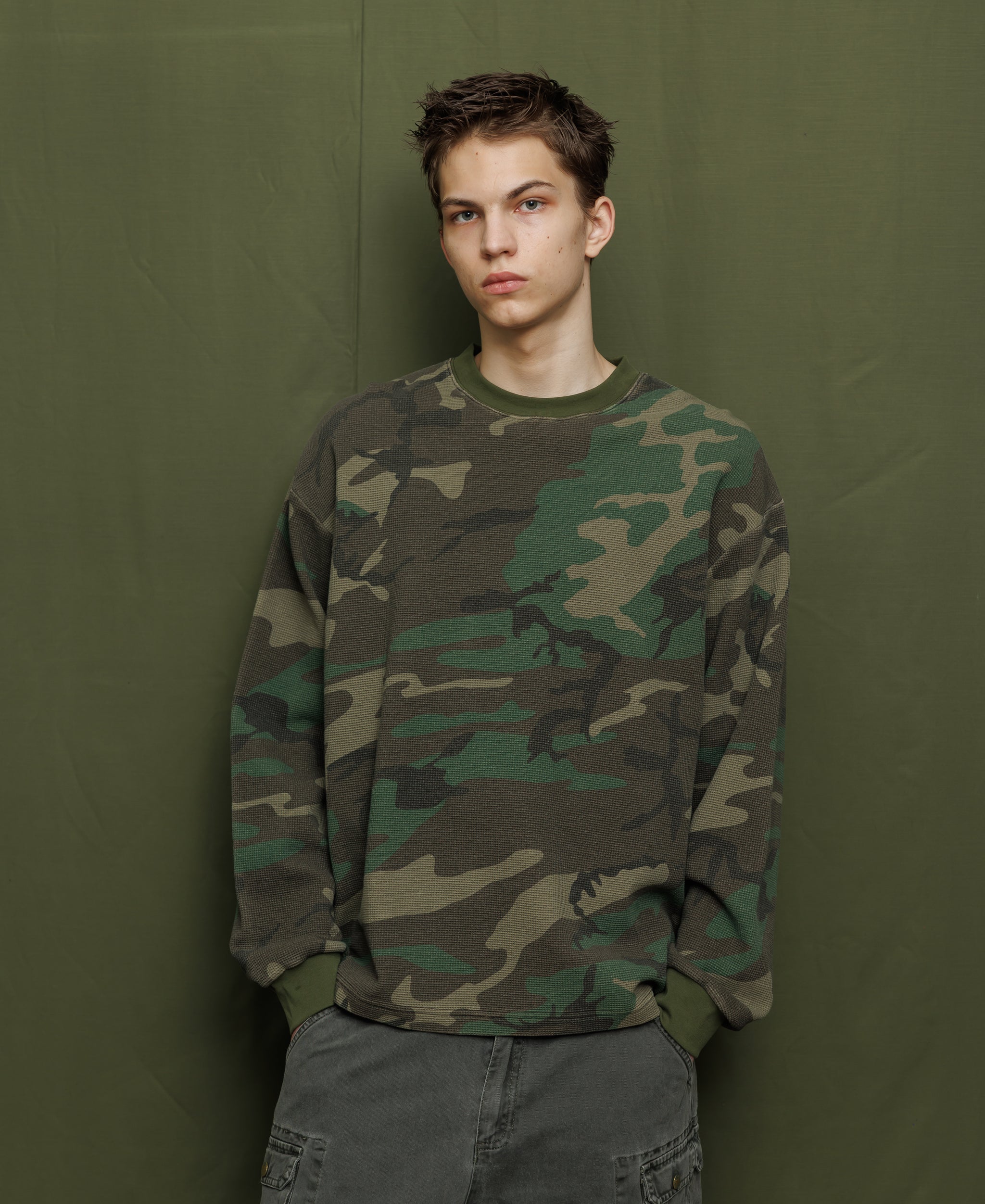 VINTAGE WASH CAMOUFLAGE WAFFLE THERMAL SHIRT