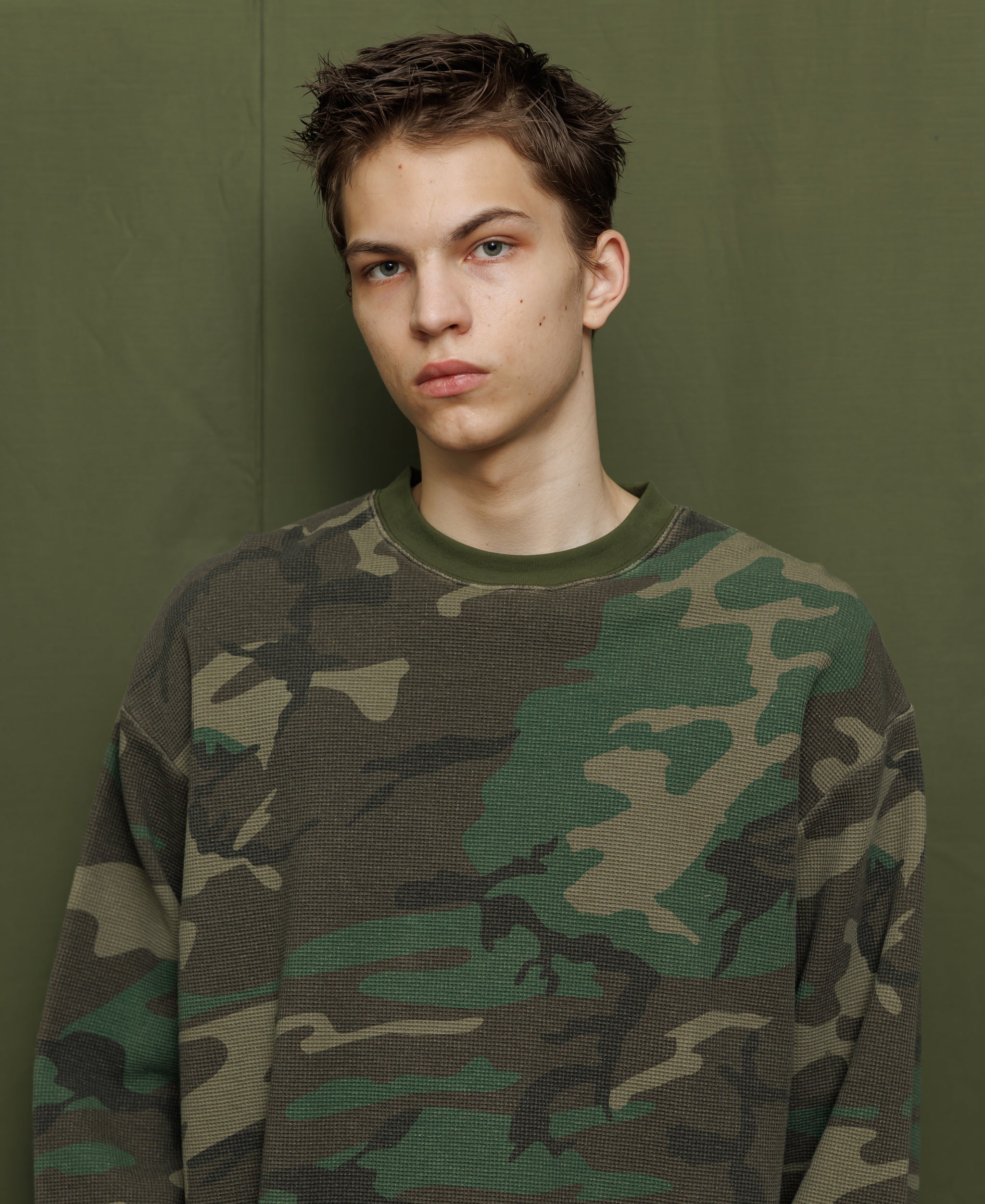 VINTAGE WASH CAMOUFLAGE WAFFLE THERMAL SHIRT