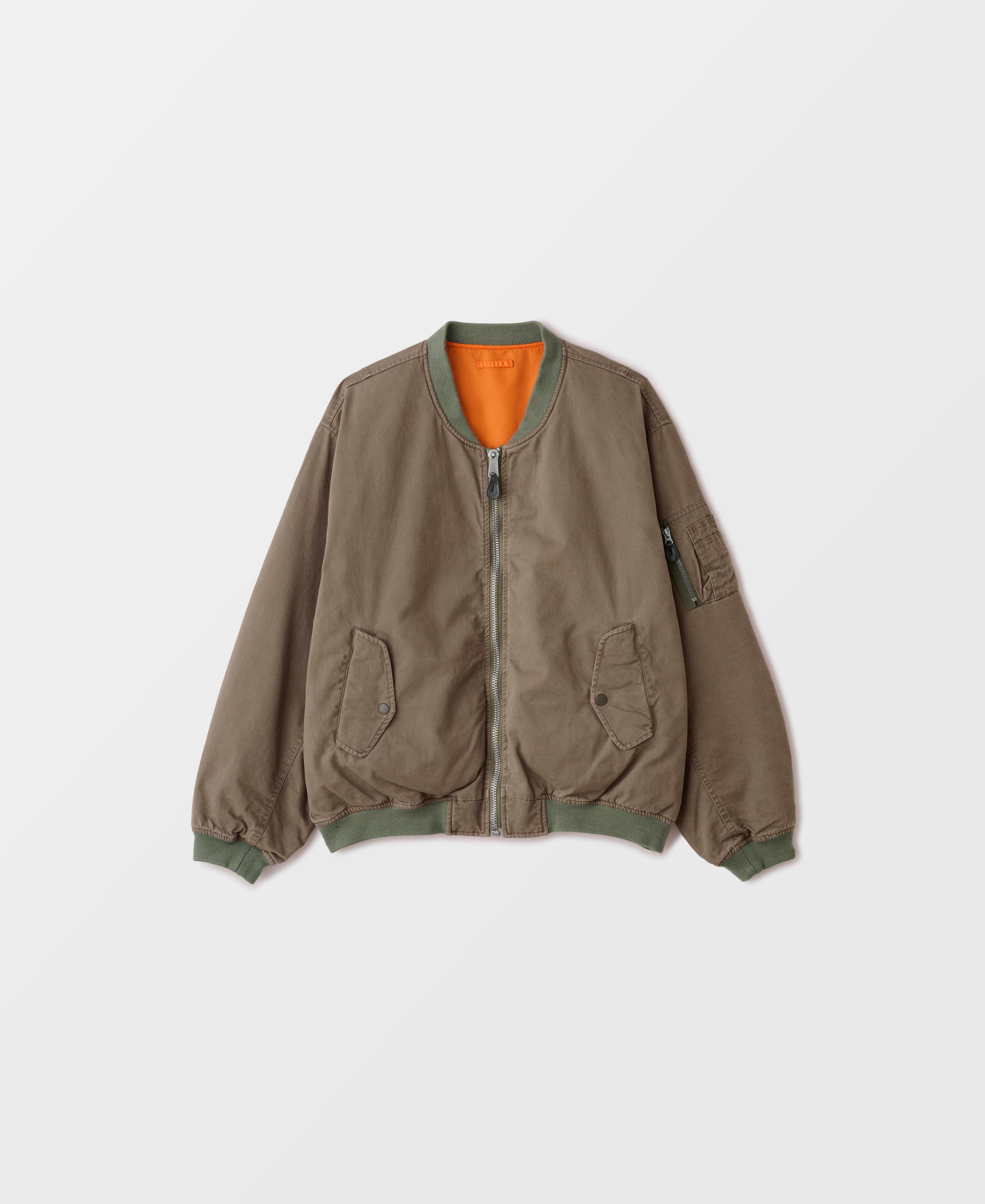 SUN FADED WASH DOUBLE FACE COTTON NON PADDED BOMBER JACKET - BRITISH KHAKI 1