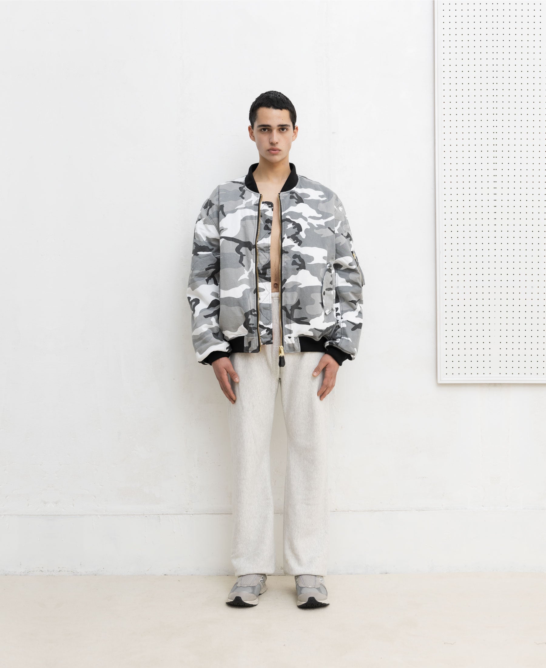 VINTAGE WASH CAMOUFLAGE DOUBLE FACE COTTON BOMBER JACKET - UC